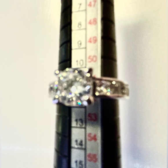 Faux DIAMOND Solitaire with Baguette Accents Set in Platinum Plated CZ Size 6 - Picture 2 of 6